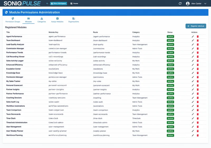 SONIQ PULSE demonstration: module permissions and available tools